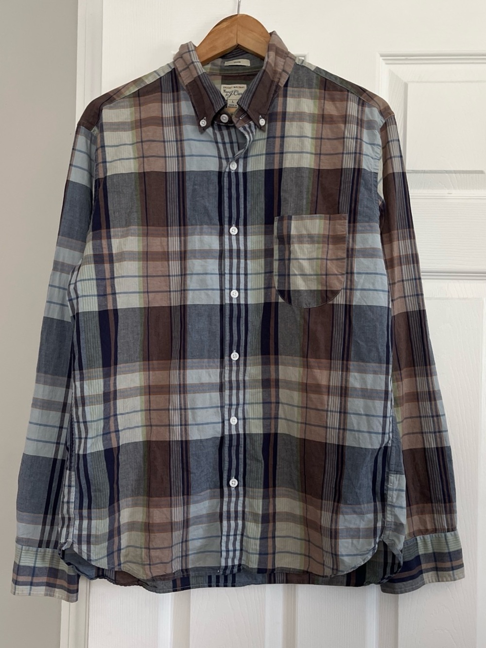 Indian Madras J. Crew Men's Plaid Button-Down Shirt in Brown, Blue, and Cream